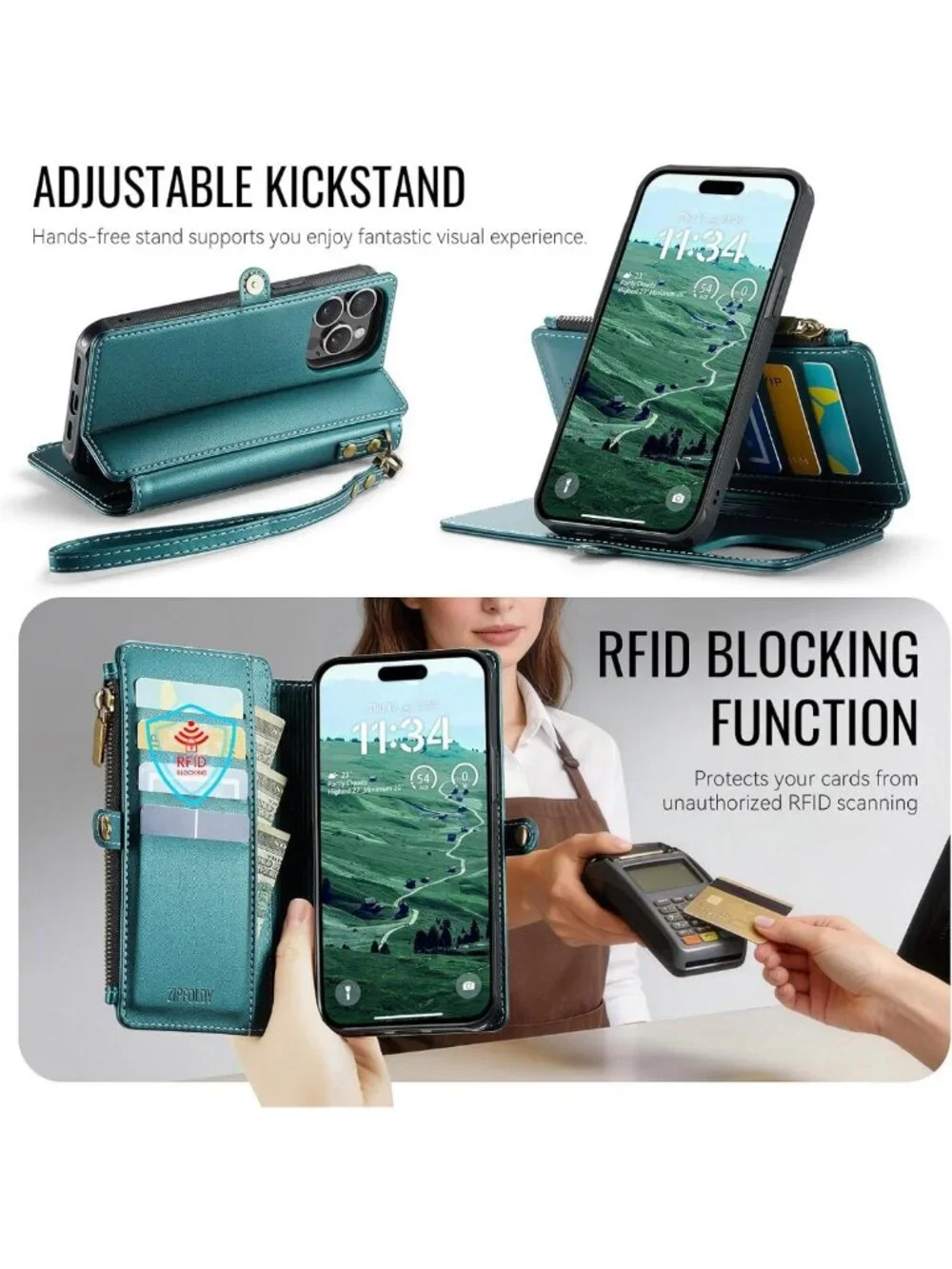 Turquoise Magnetic Detachable Wallet Phone Case for iPhone 14 Pro - Stylish